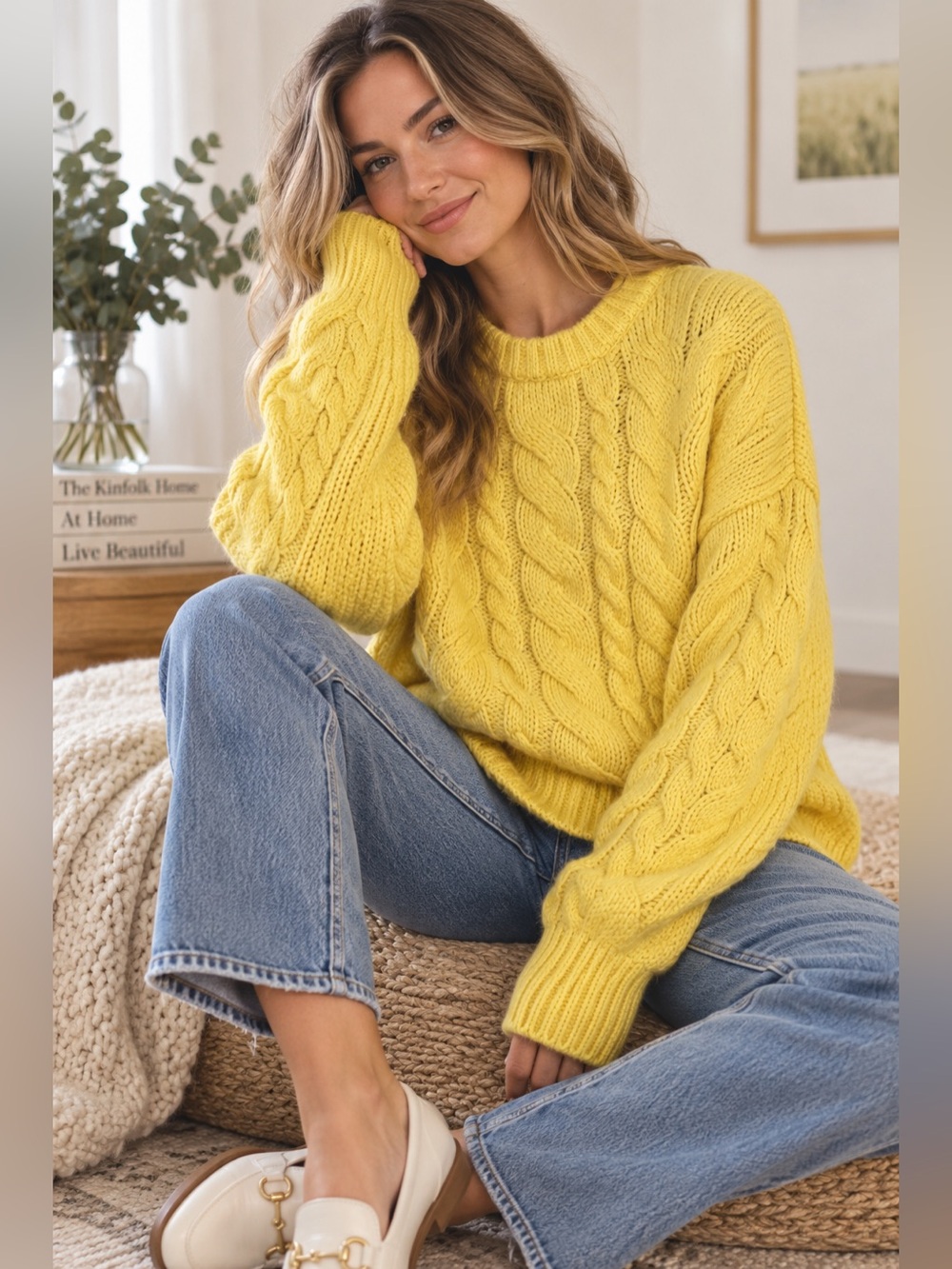 Yellow Cable Knit Sweater Chunky Oversized Fisherman Cottagecore Cozy Knit M